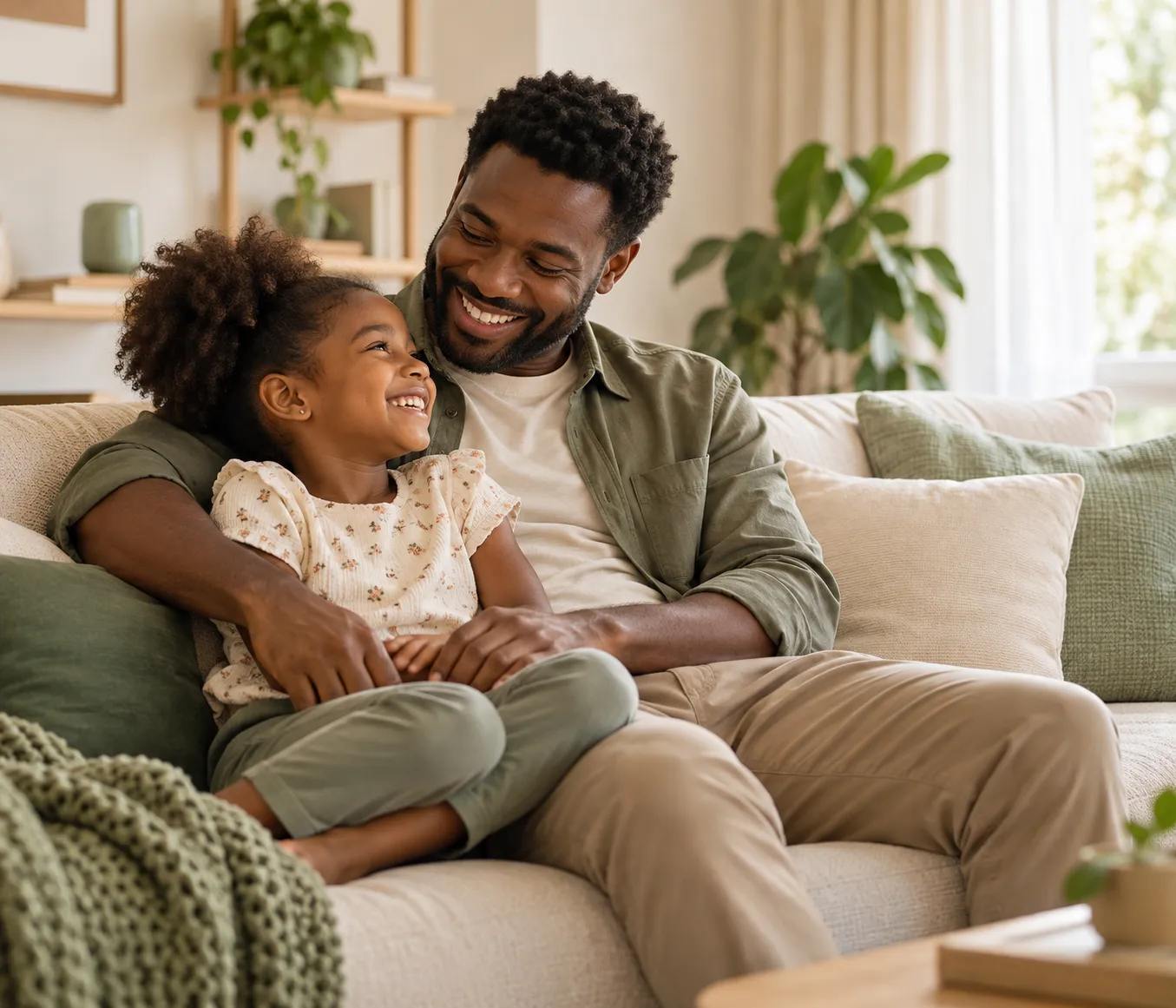 A father and child sharing a relaxed moment at home