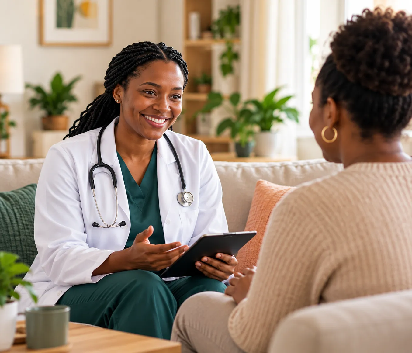 A doctor listening to a client during a conversation at home